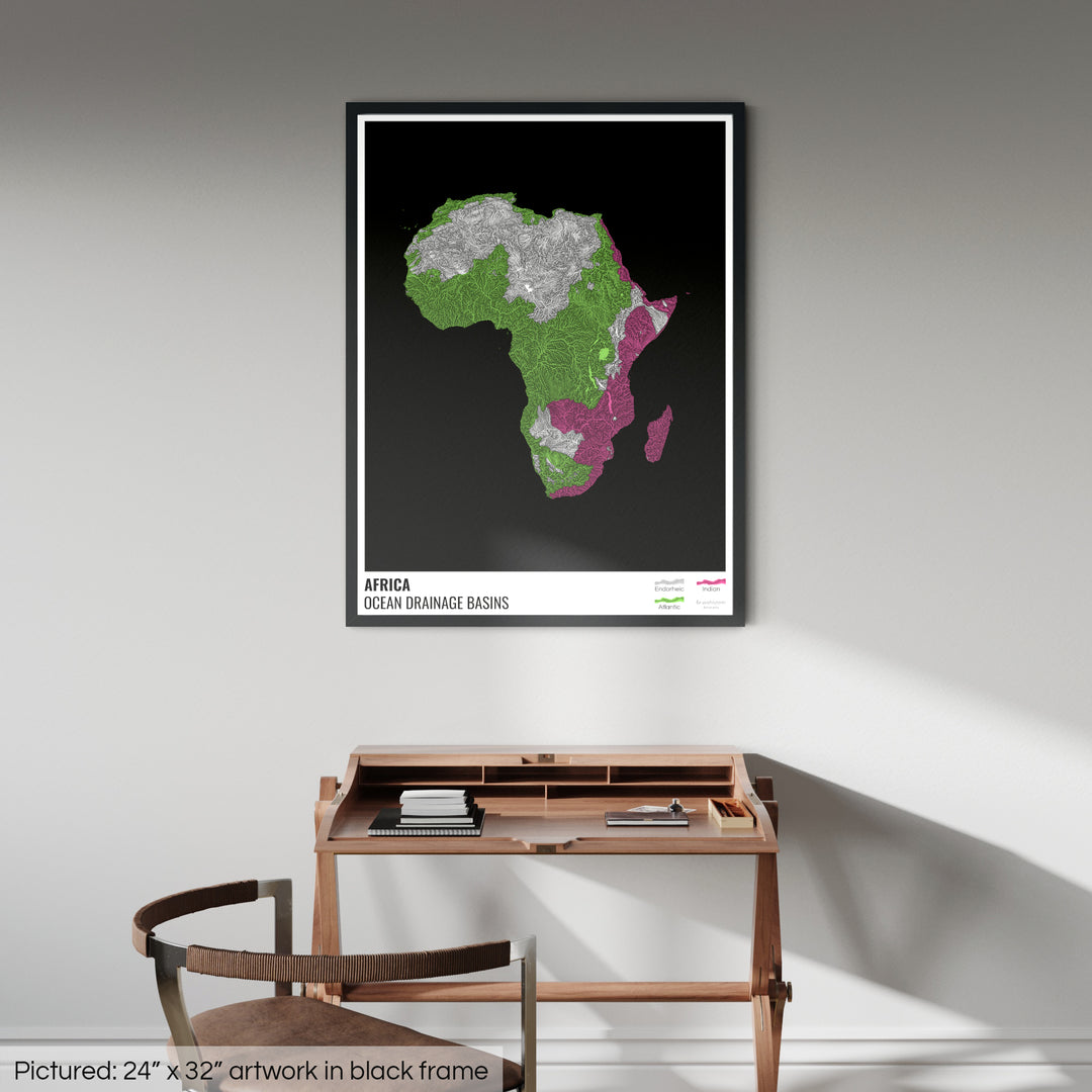 África - Mapa de la cuenca hidrográfica del océano, negro con leyenda v1 - Lámina enmarcada