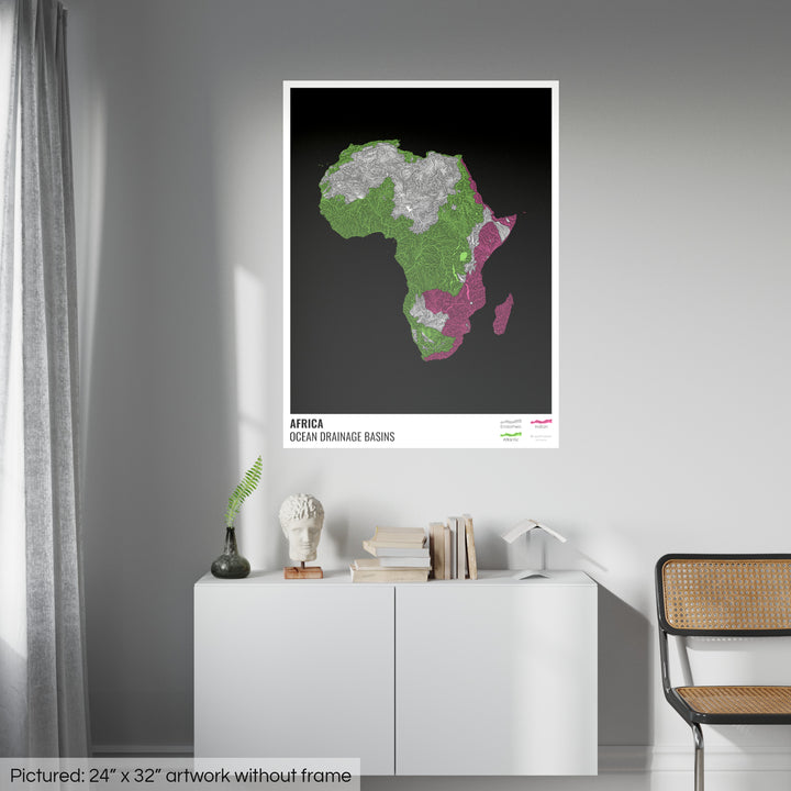 África - Mapa de la cuenca hidrográfica del océano, negro con leyenda v1 - Impresión fotográfica