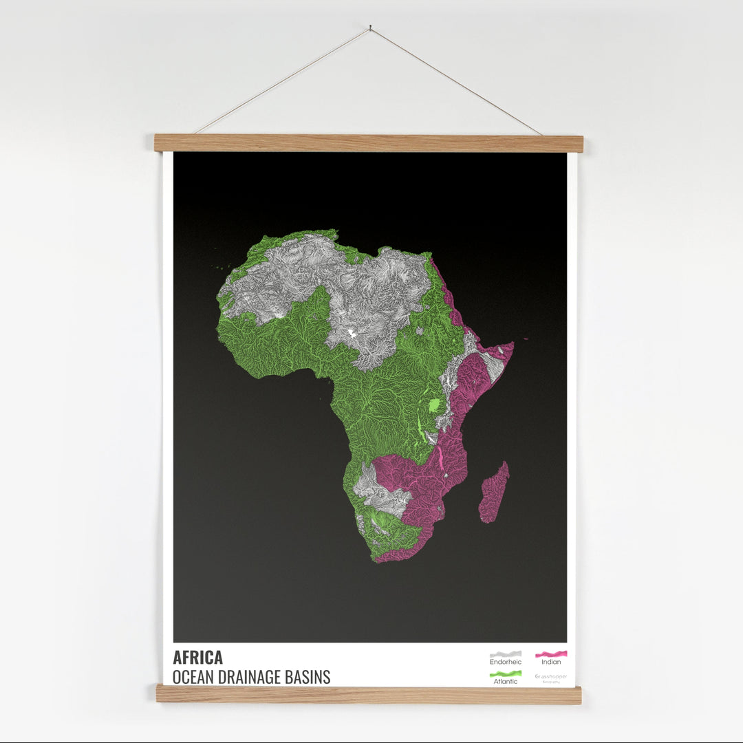 Africa - Ocean drainage basin map, black with legend v1 - Fine Art Print with Hanger