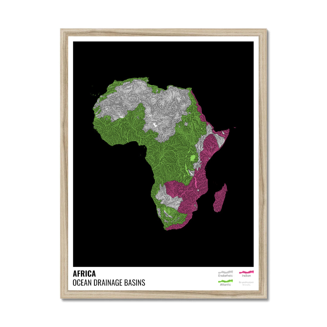 África - Mapa de la cuenca hidrográfica del océano, negro con leyenda v1 - Lámina enmarcada