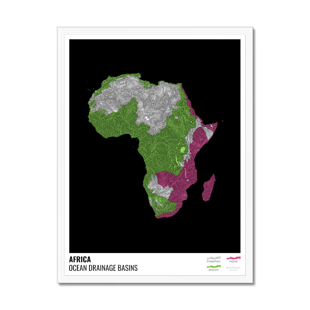 África - Mapa de la cuenca hidrográfica del océano, negro con leyenda v1 - Lámina enmarcada