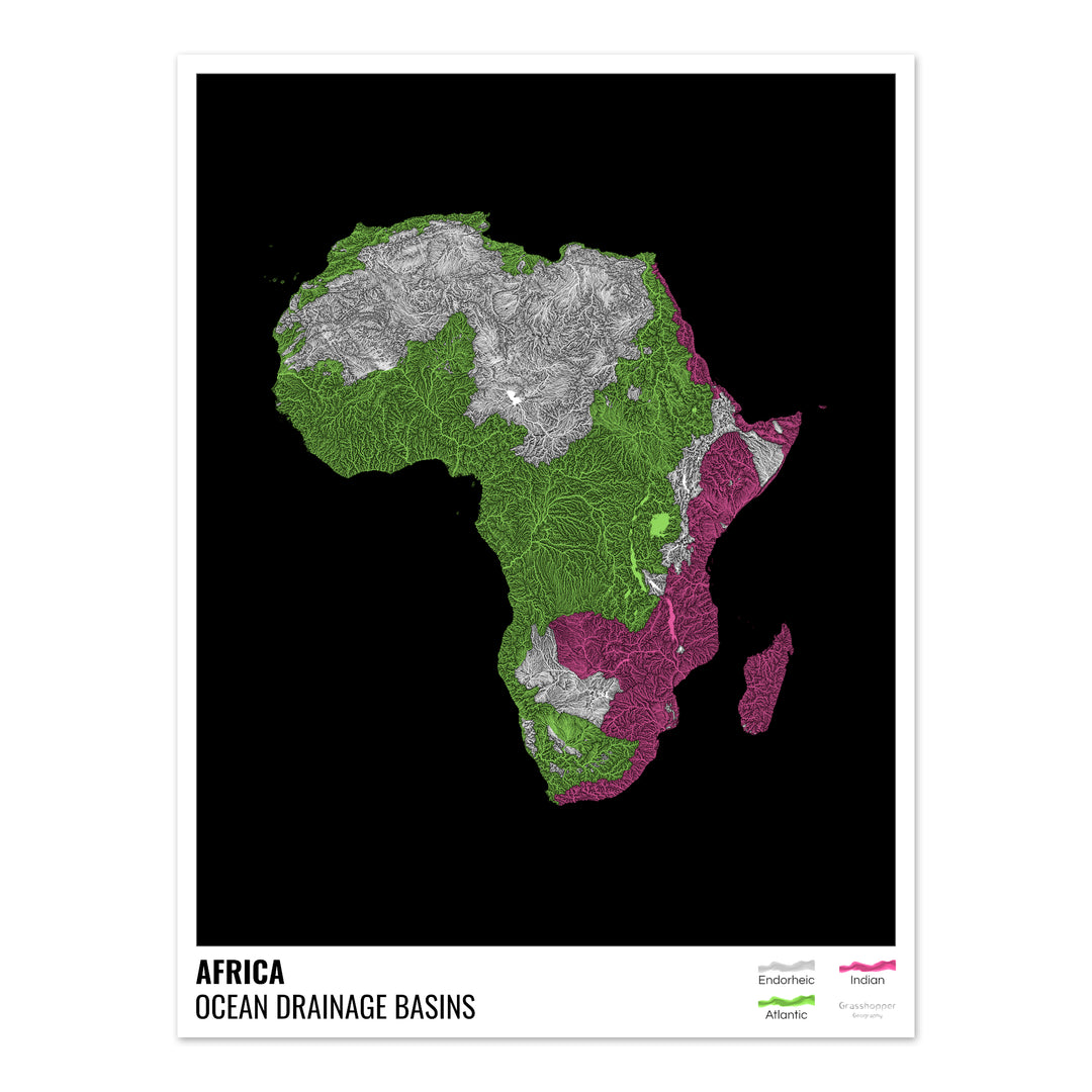 África - Mapa de la cuenca hidrográfica del océano, negro con leyenda v1 - Impresión fotográfica