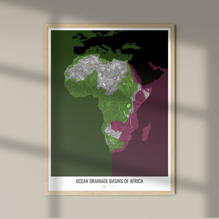 África - Mapa de la cuenca hidrográfica del océano, negro v2 - Impresión fotográfica