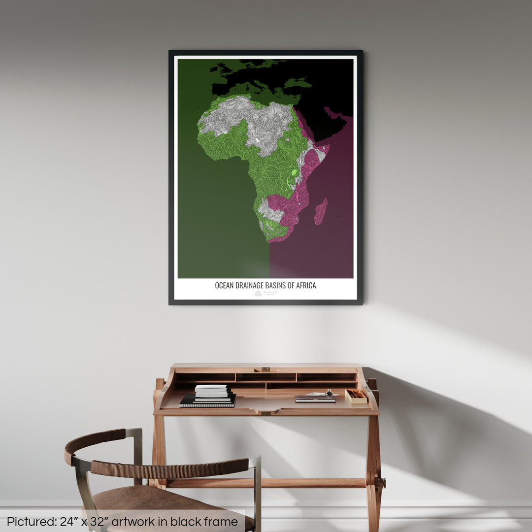 Africa - Ocean drainage basin map, black v2 - Framed Print