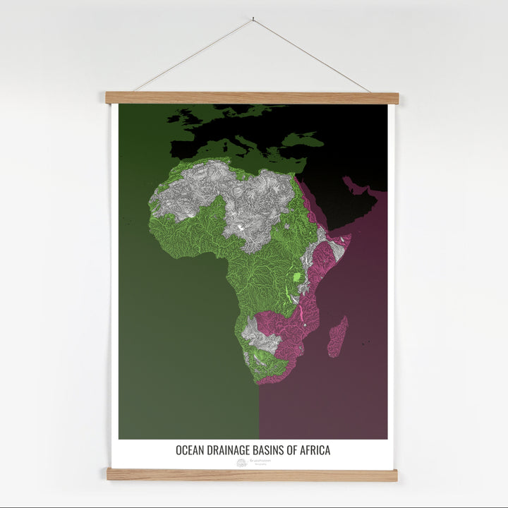 África - Mapa de la cuenca hidrográfica del océano, negro v2 - Impresión artística con colgador