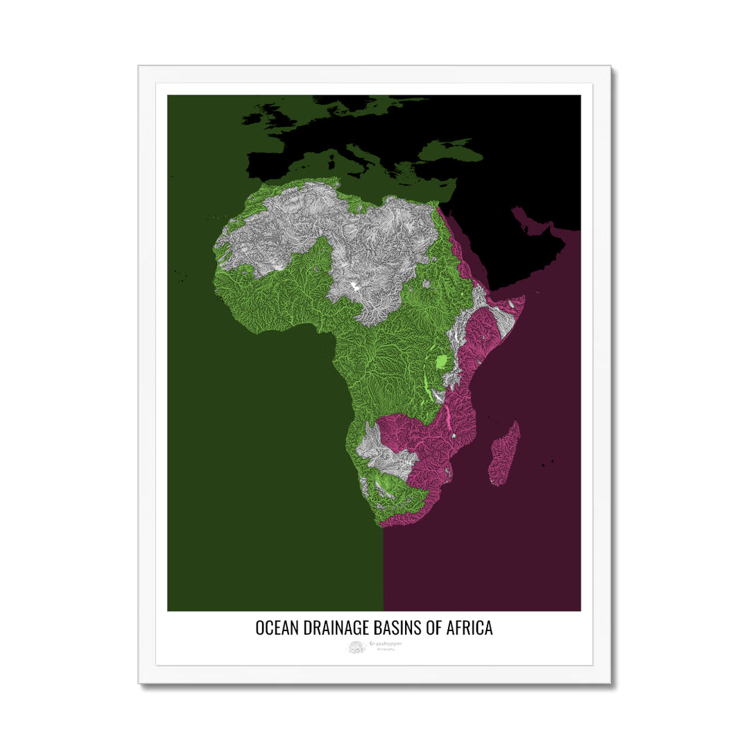 África - Mapa de la cuenca de drenaje oceánico, negro v2 - Lámina enmarcada
