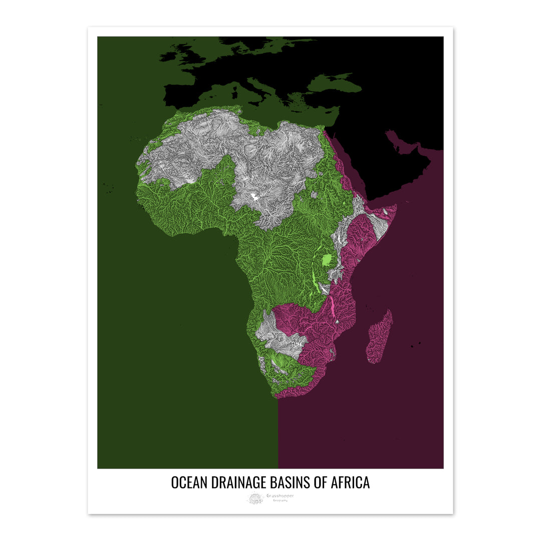 África - Mapa de la cuenca hidrográfica del océano, negro v2 - Impresión de bellas artes