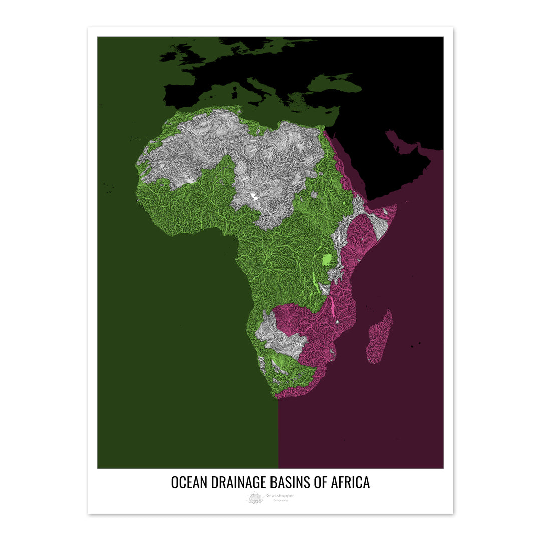 África - Mapa de la cuenca hidrográfica del océano, negro v2 - Impresión fotográfica