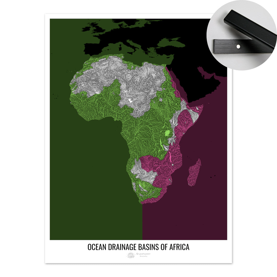África - Mapa de la cuenca hidrográfica del océano, negro v2 - Impresión artística con colgador