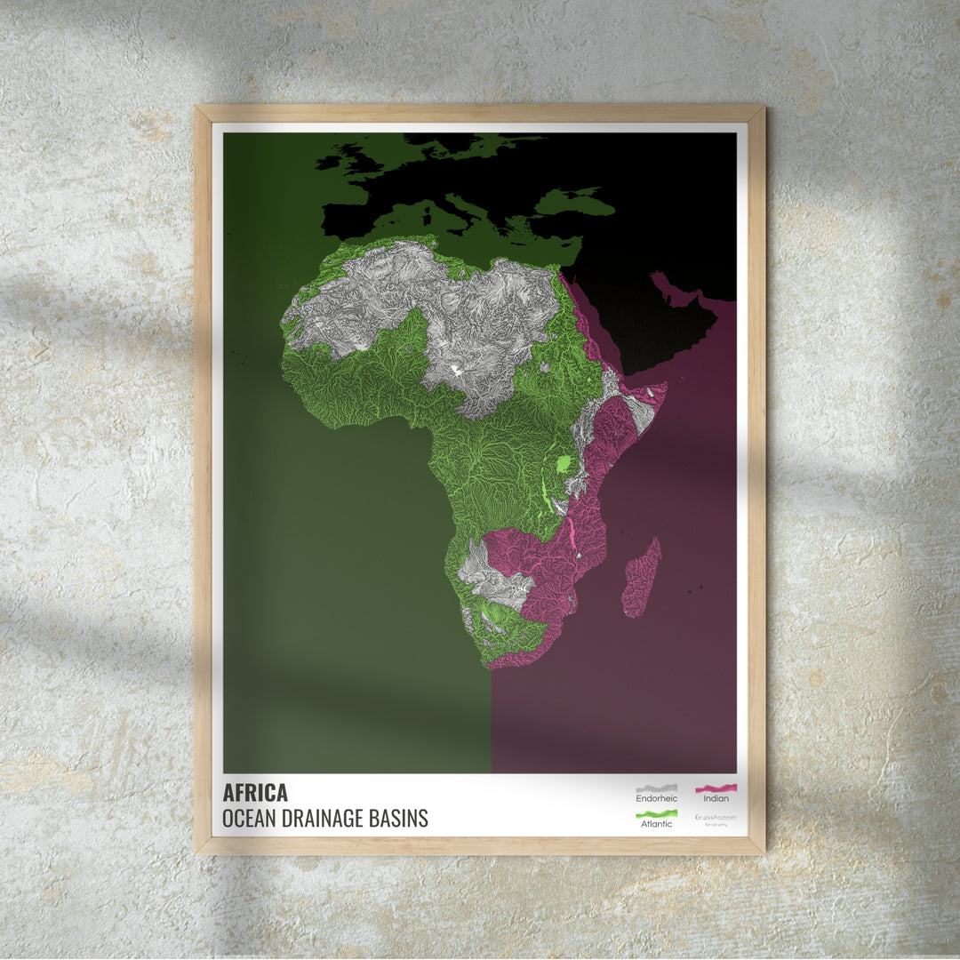 Afrique - Carte des bassins hydrographiques océaniques, noire avec légende v2 - Photo Art Print