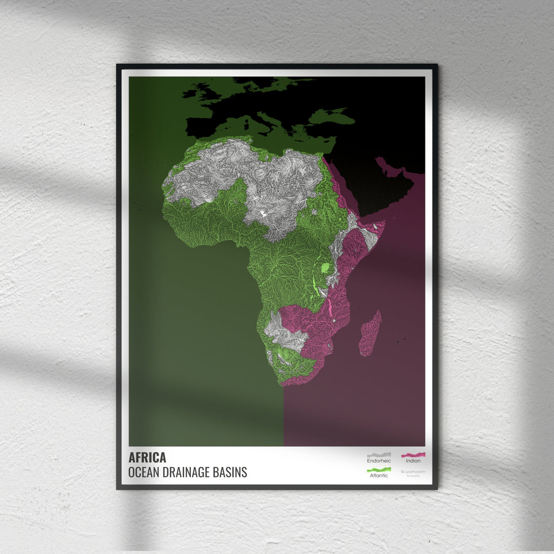 Africa - Ocean drainage basin map, black with legend v2 - Fine Art Print
