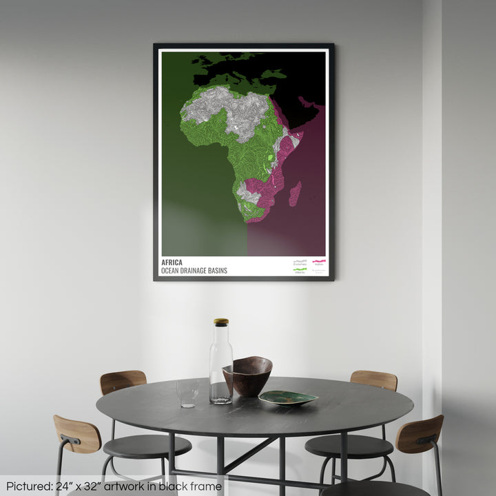 Africa - Ocean drainage basin map, black with legend v2 - Framed Print