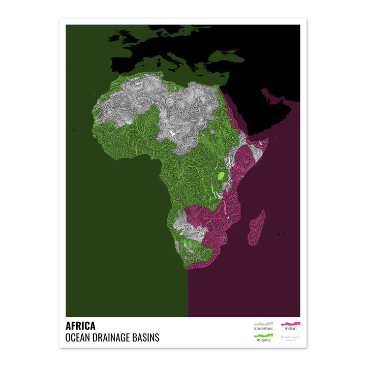 Africa - Ocean drainage basin map, black with legend v2 - Fine Art Print