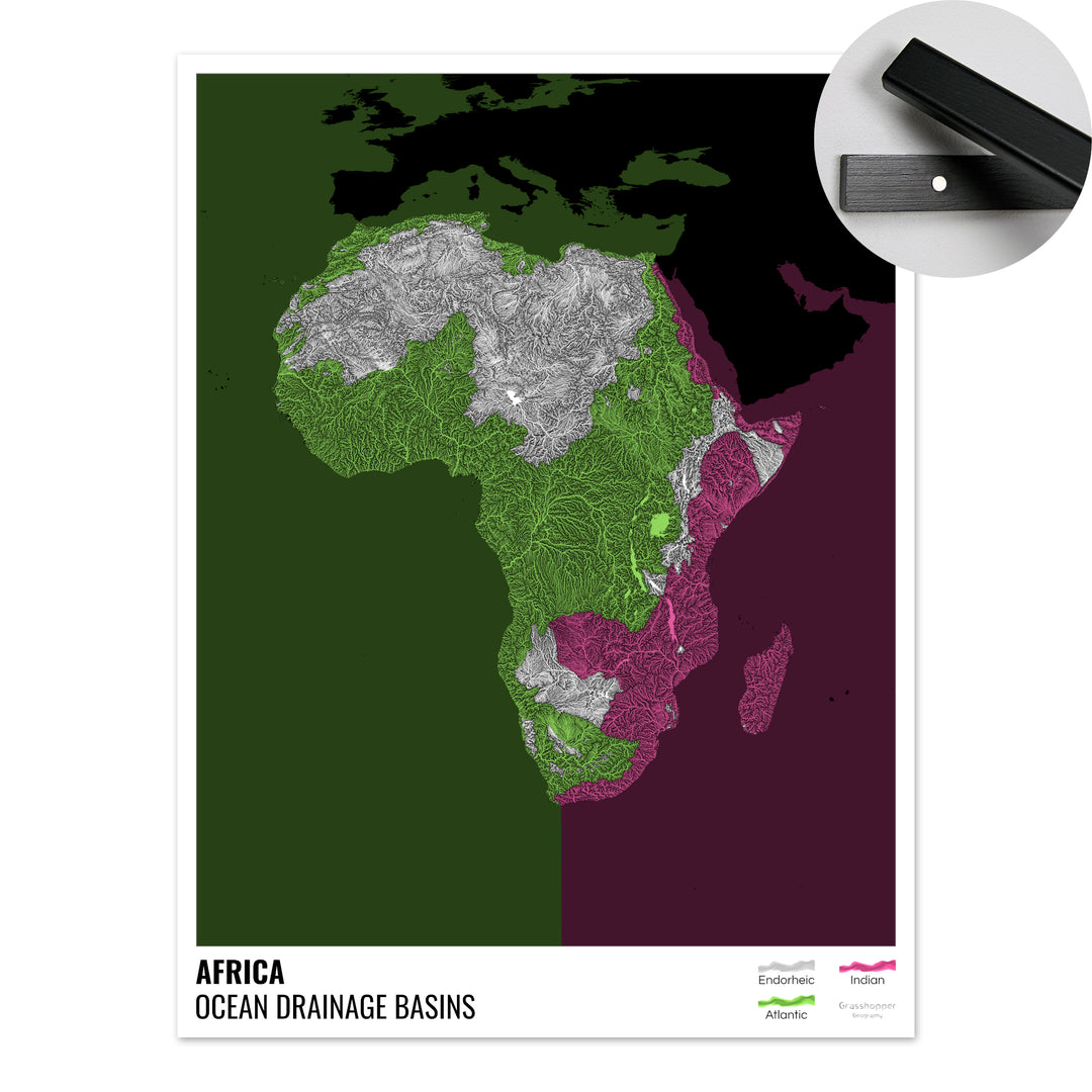 Africa - Ocean drainage basin map, black with legend v2 - Fine Art Print with Hanger