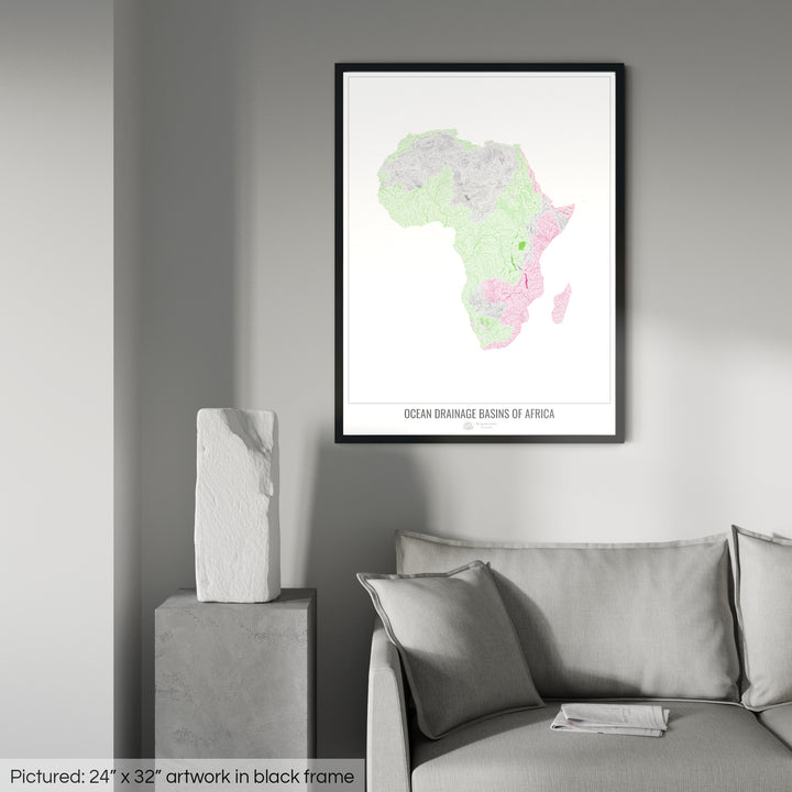 África - Mapa de la cuenca de drenaje oceánico, blanco v1 - Lámina enmarcada