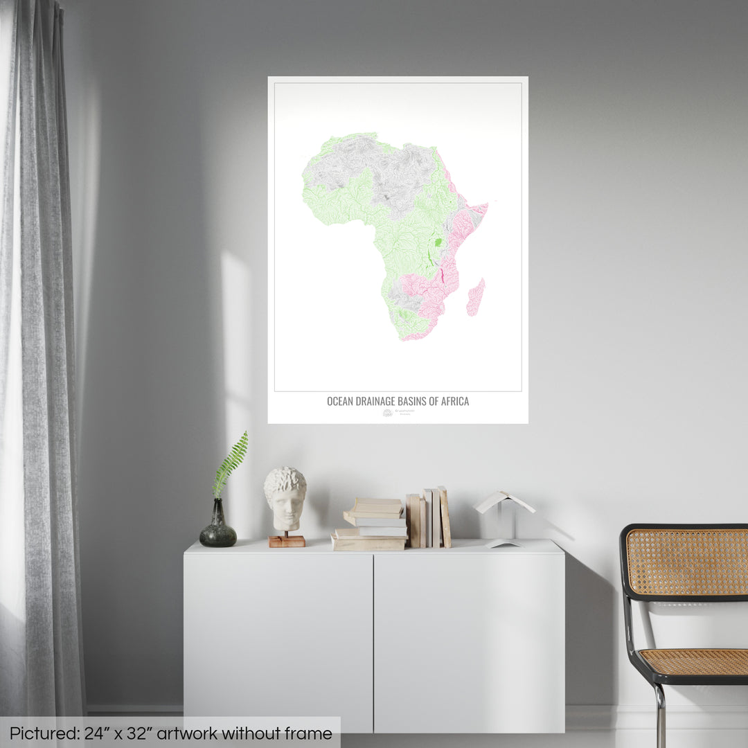 África - Mapa de la cuenca hidrográfica del océano, blanco v1 - Impresión de bellas artes