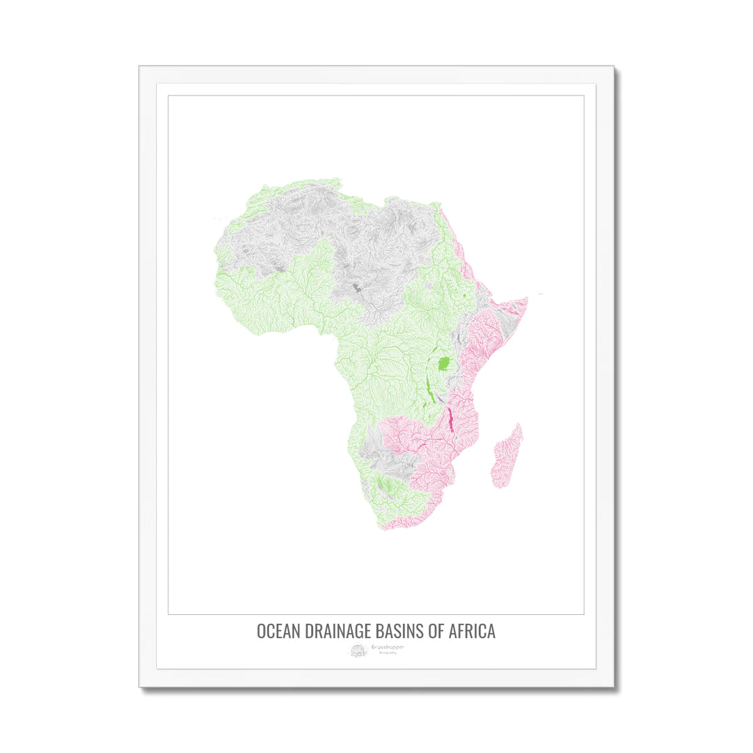 Africa - Ocean drainage basin map, white v1 - Framed Print