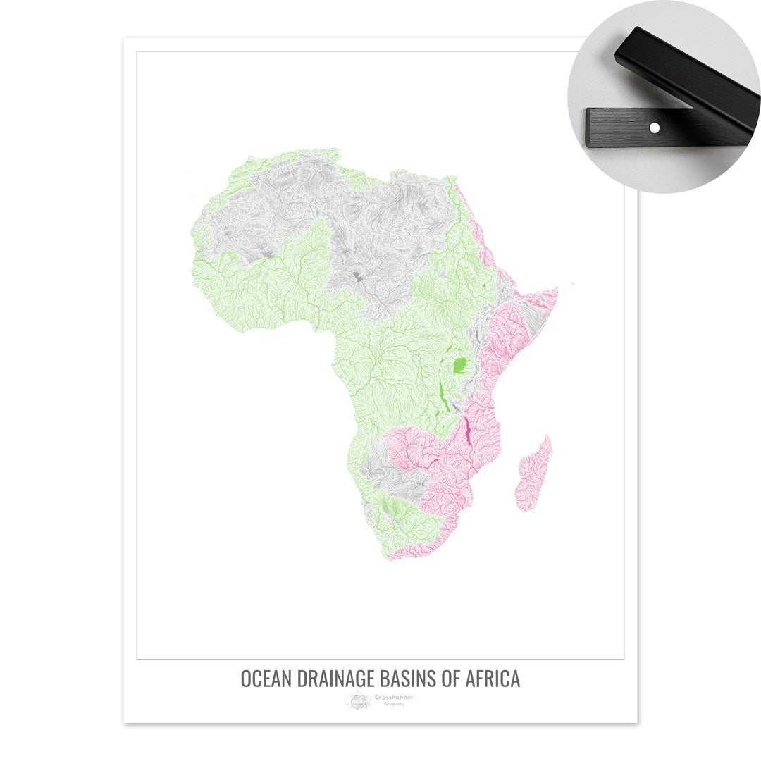 África - Mapa de la cuenca hidrográfica del océano, blanco v1 - Impresión artística con colgador