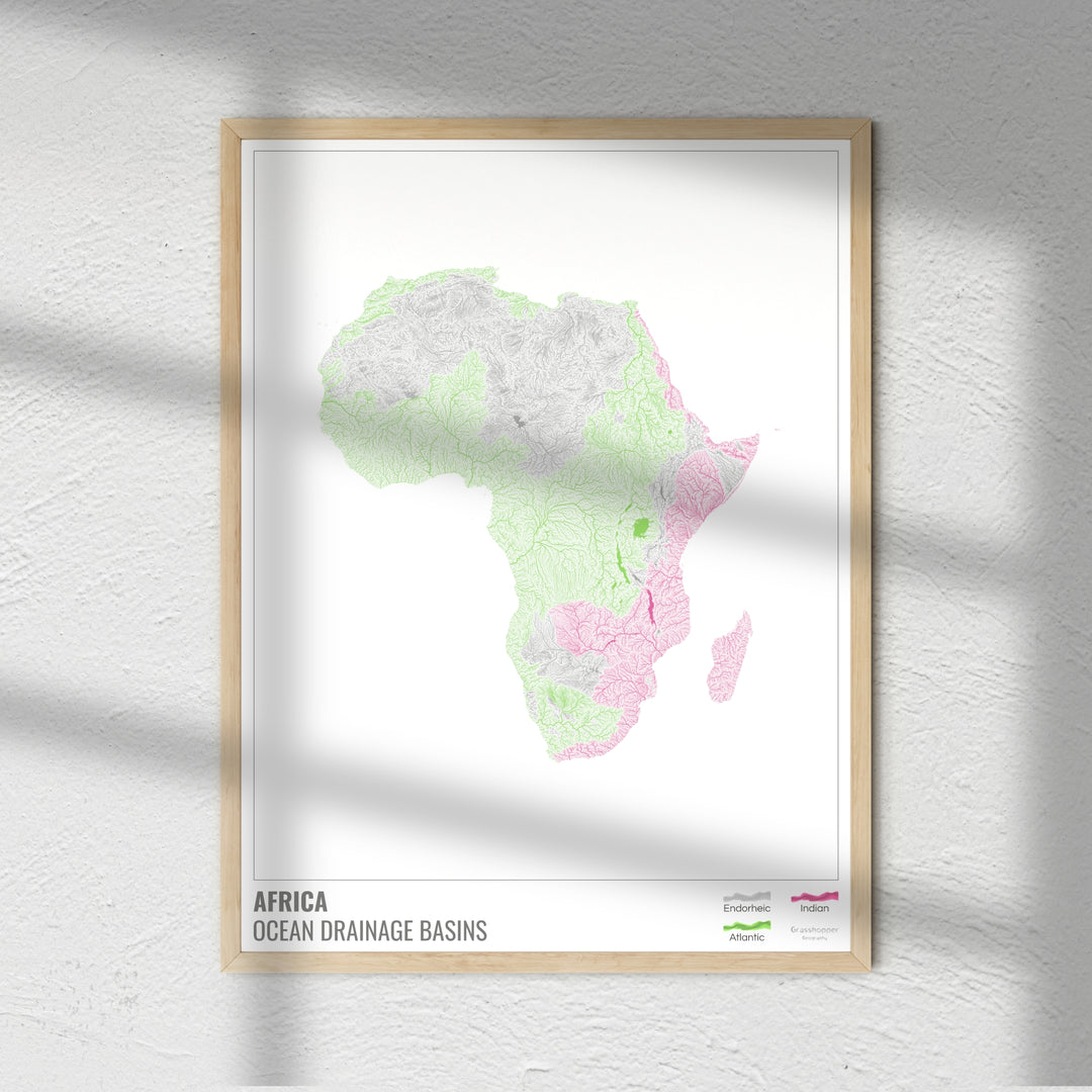 África - Mapa de la cuenca hidrográfica del océano, blanco con leyenda v1 - Impresión fotográfica