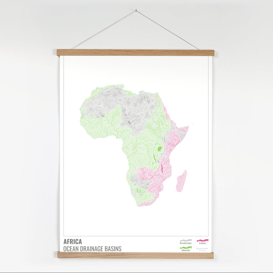 África - Mapa de la cuenca hidrográfica del océano, blanco con leyenda v1 - Impresión artística con colgador