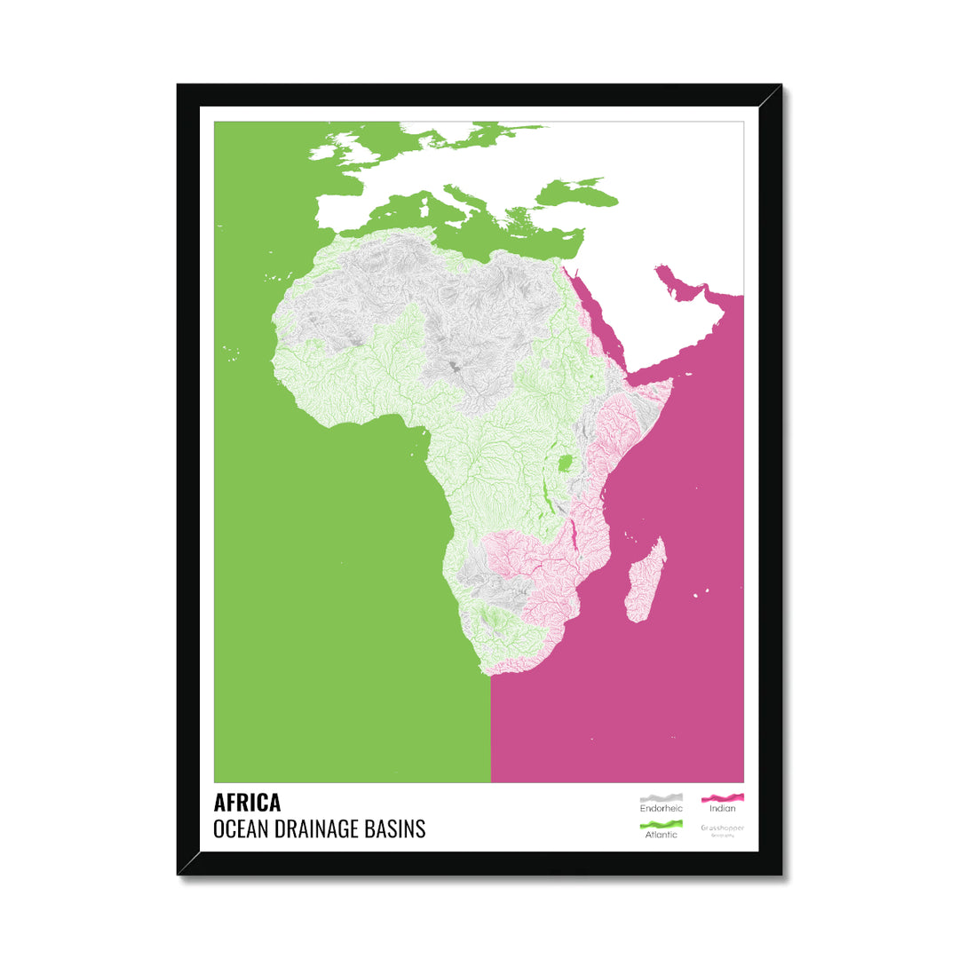 África - Mapa de la cuenca hidrográfica del océano, blanco con leyenda v2 - Lámina enmarcada