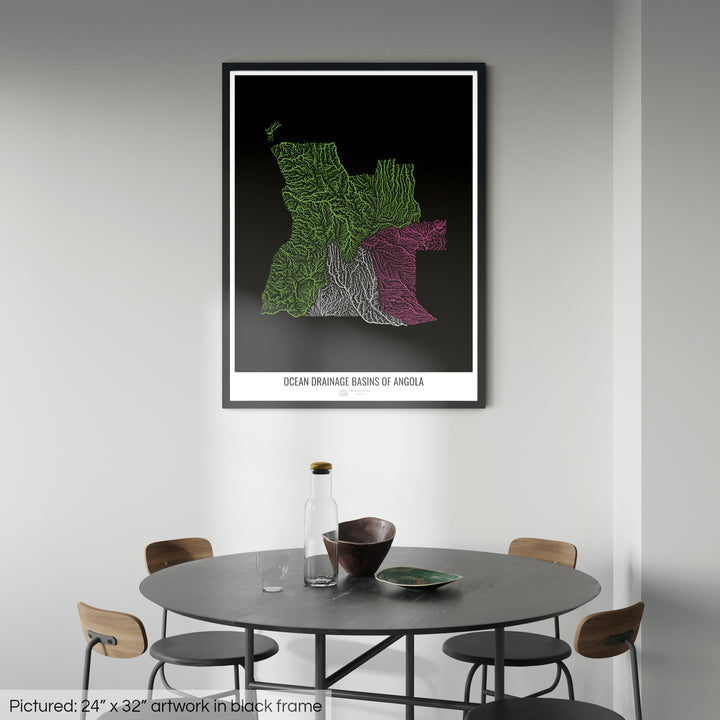 Angola - Ocean drainage basin map, black v1 - Framed Print