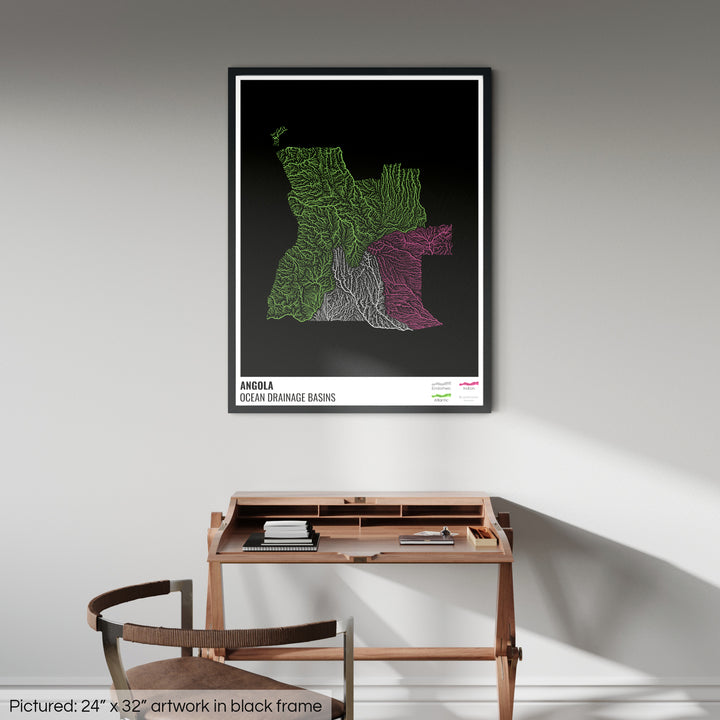 Angola - Ocean drainage basin map, black with legend v1 - Framed Print