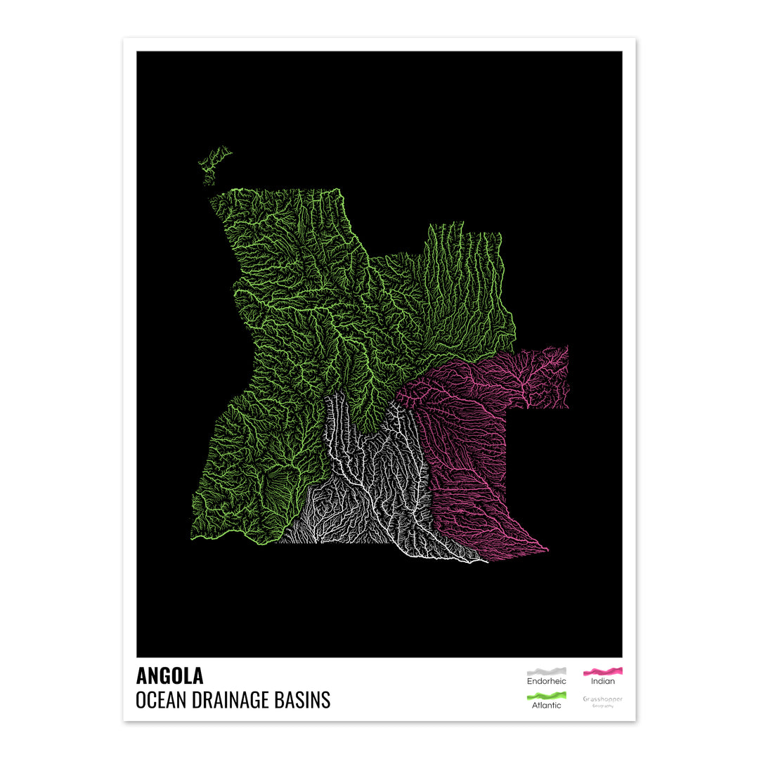 Angola - Ocean drainage basin map, black with legend v1 - Fine Art Print