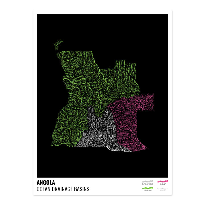 Angola - Carte des bassins hydrographiques océaniques, noire avec légende v1 - Fine Art Print