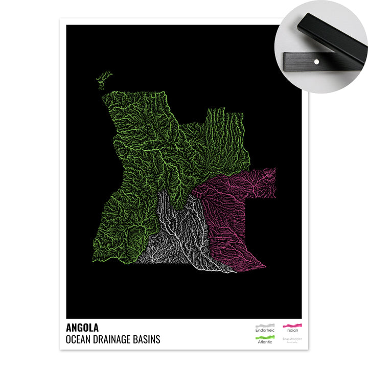 Angola - Ocean drainage basin map, black with legend v1 - Fine Art Print with Hanger