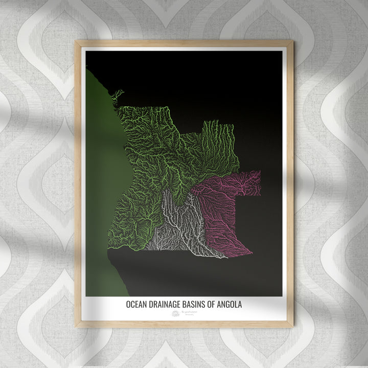 Angola - Karte des Einzugsgebiets des Ozeans, schwarz v2 - Fine Art Print