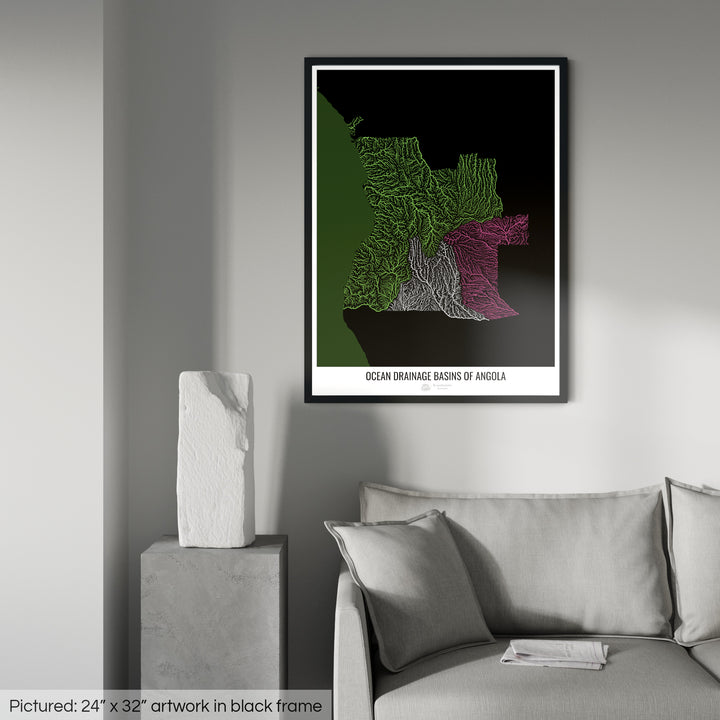 Angola - Ocean drainage basin map, black v2 - Framed Print