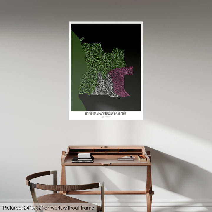 Angola - Karte des Einzugsgebiets des Ozeans, schwarz v2 - Fine Art Print