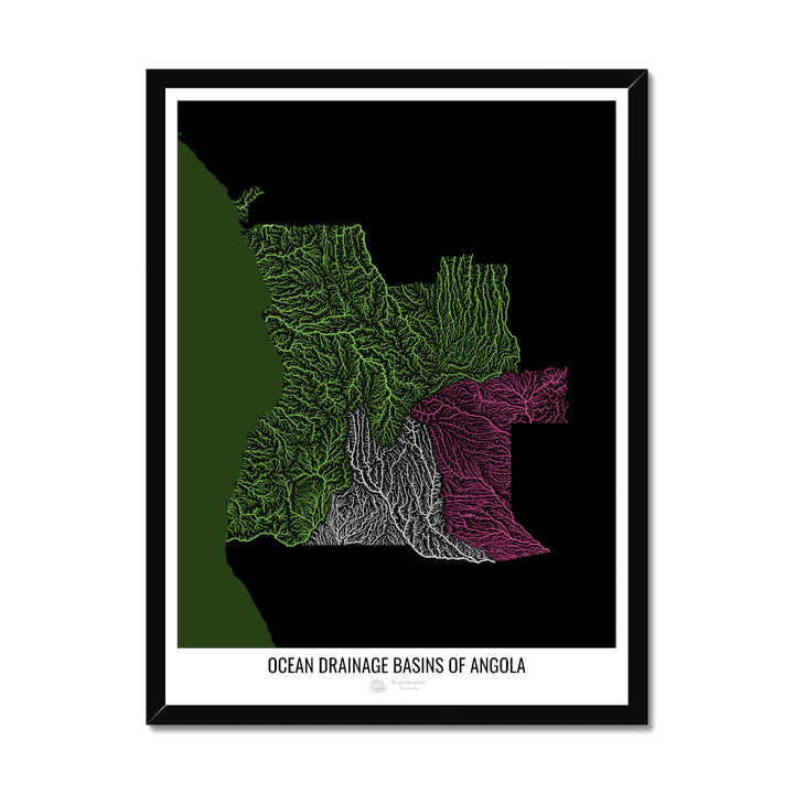 Angola - Ocean drainage basin map, black v2 - Framed Print