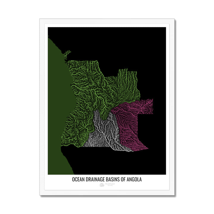 Angola - Ocean drainage basin map, black v2 - Framed Print