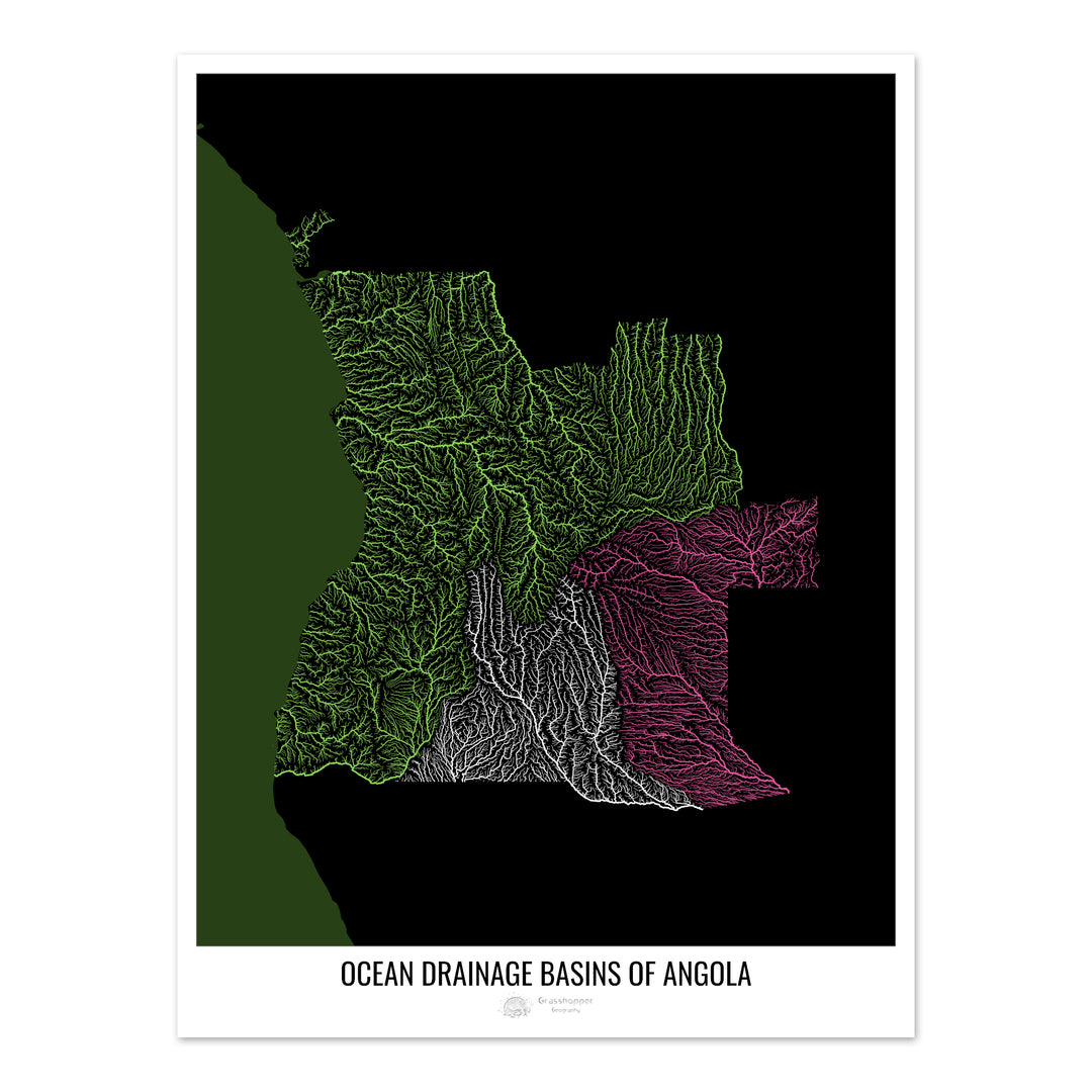 Angola - Karte des Einzugsgebiets des Ozeans, schwarz v2 - Fine Art Print