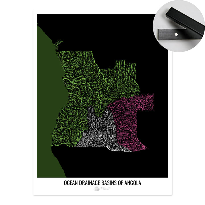 Angola - Ocean drainage basin map, black v2 - Fine Art Print with Hanger