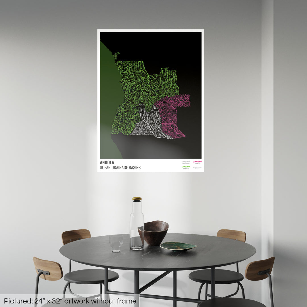 Angola - Ocean drainage basin map, black with legend v2 - Photo Art Print