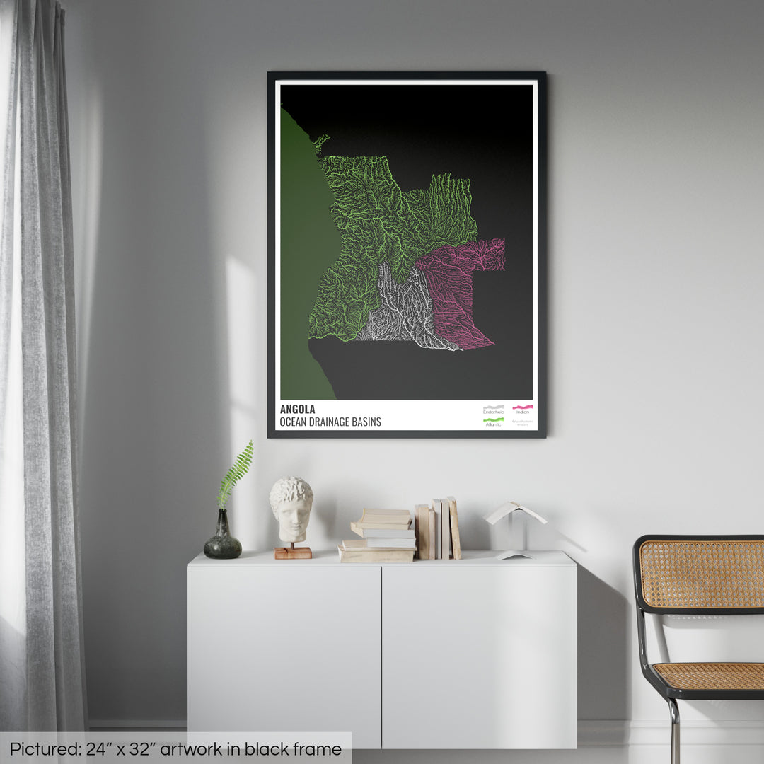 Angola - Ocean drainage basin map, black with legend v2 - Framed Print