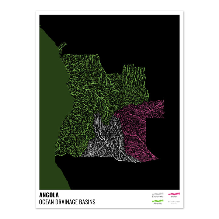 Angola - Carte du bassin versant océanique, noire avec légende v2 - Photo Art Print