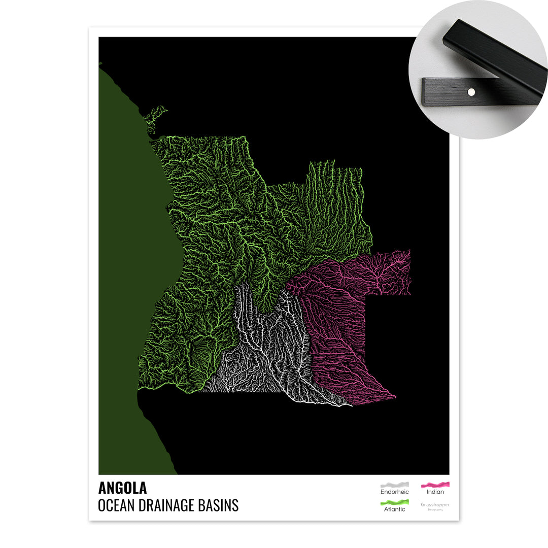 Angola - Mapa da bacia de drenagem oceânica, preto com legenda v2 - Impressão de belas artes com cabide