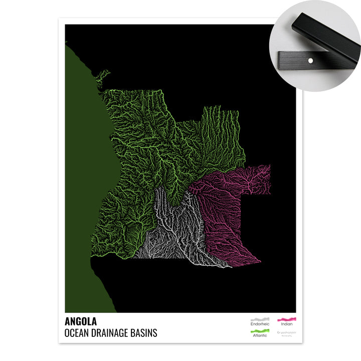 Angola - Mapa da bacia de drenagem oceânica, preto com legenda v2 - Impressão de belas artes com cabide
