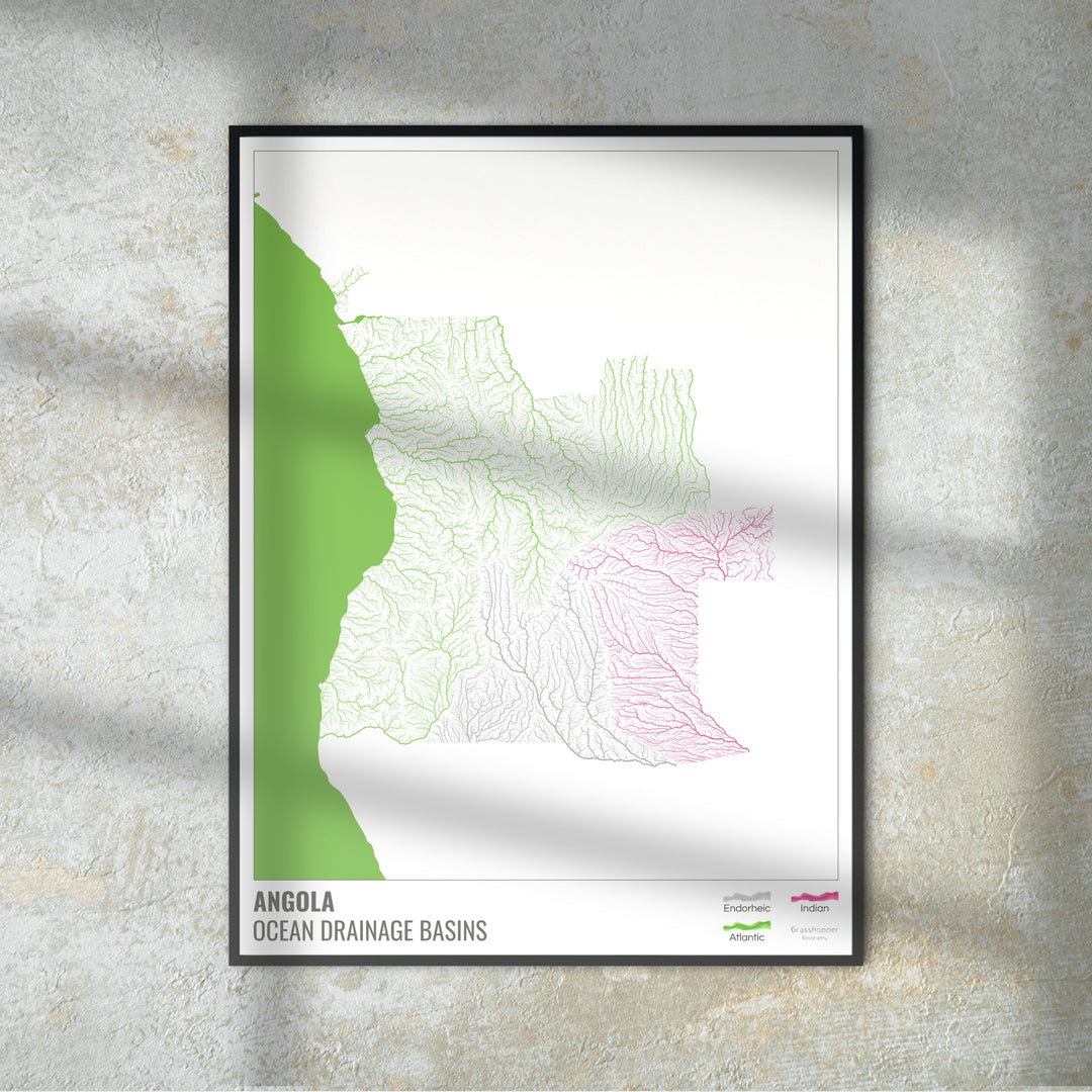 Angola - Mapa de la cuenca hidrográfica del océano, blanco con leyenda v2 - Impresión de bellas artes