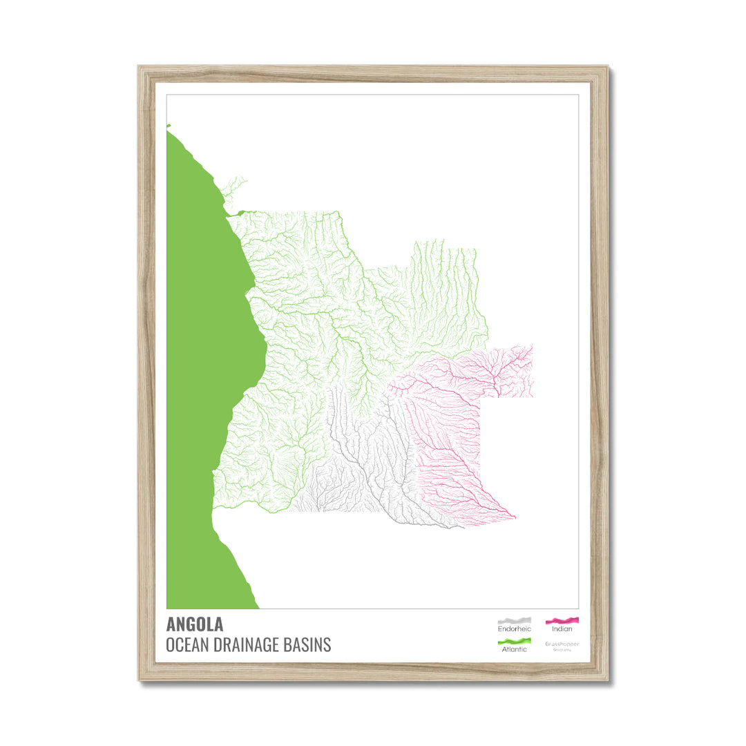 Angola - Ocean drainage basin map, white with legend v2 - Framed Print