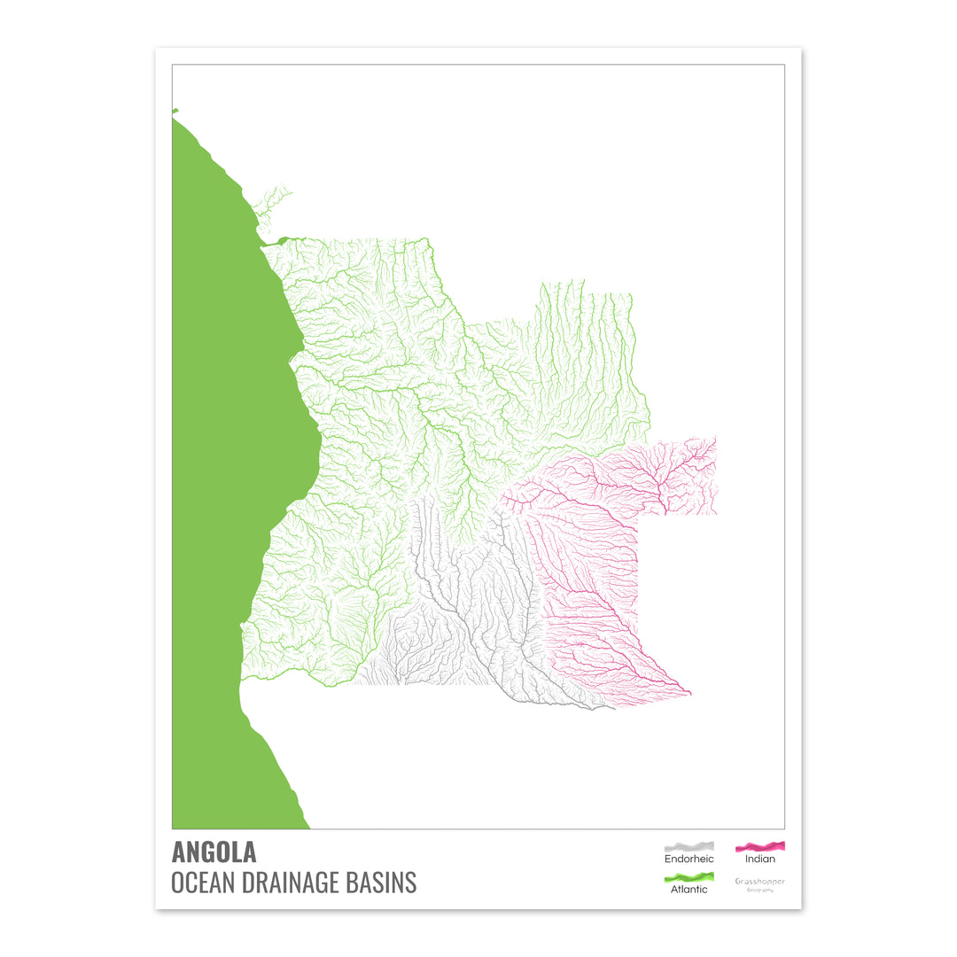 Angola - Mapa de la cuenca hidrográfica del océano, blanco con leyenda v2 - Impresión de bellas artes