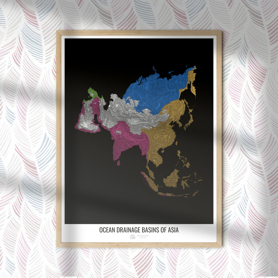 Asia - Mapa de la cuenca hidrográfica del océano, negro v1 - Impresión de bellas artes