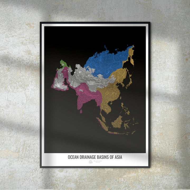 Asie - Carte des bassins hydrographiques océaniques, noir v1 - Tirage photo artistique