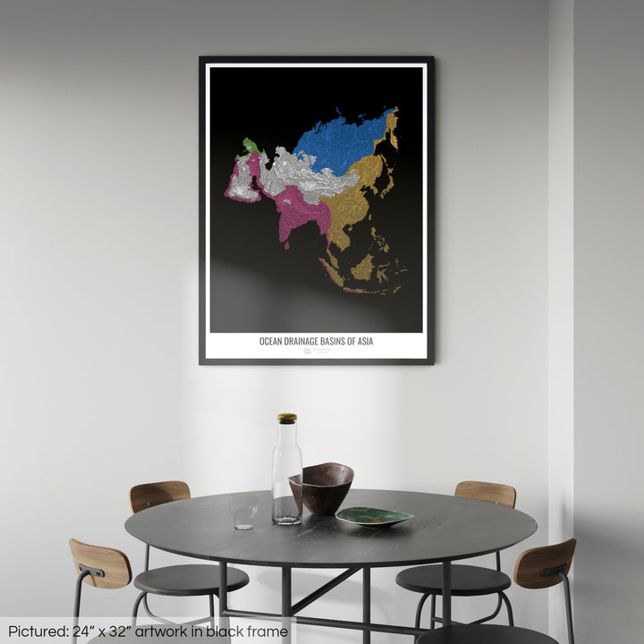 Asia - Ocean drainage basin map, black v1 - Framed Print