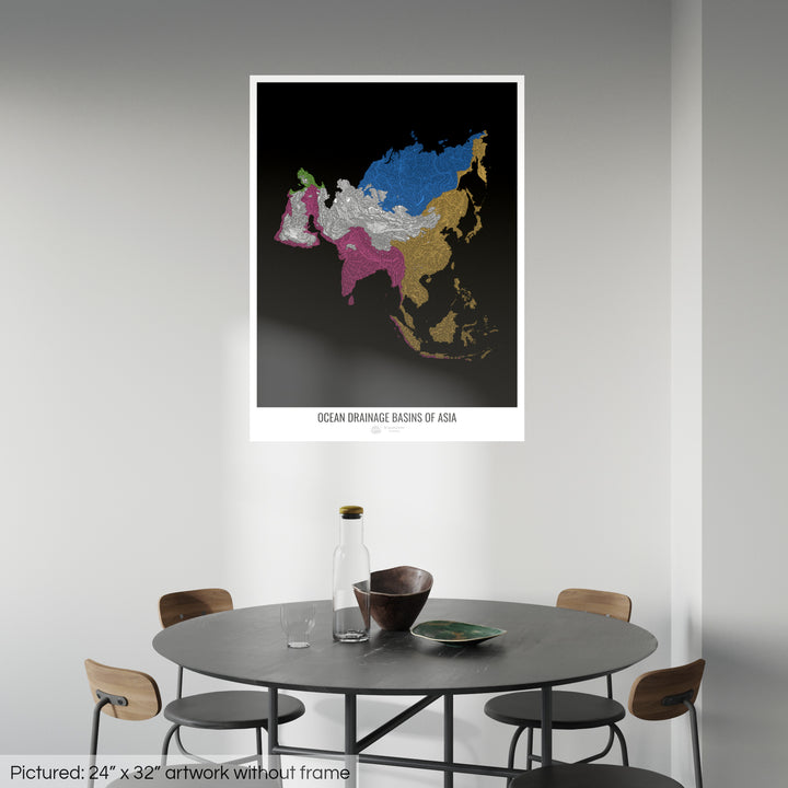 Asie - Carte des bassins hydrographiques océaniques, noir v1 - Fine Art Print