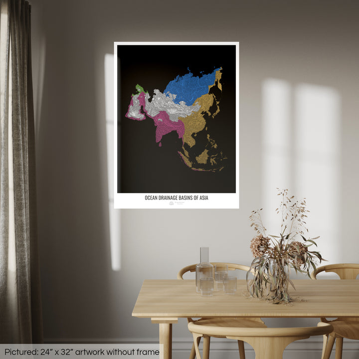 Asia - Ocean drainage basin map, black v1 - Photo Art Print